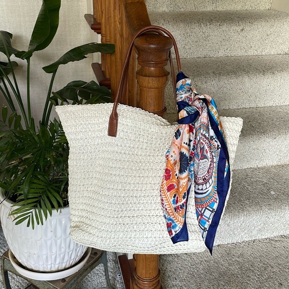 H&M Boho Cream Tote Beach Bag With Silk Floral Scarf - Picture 1 of 16